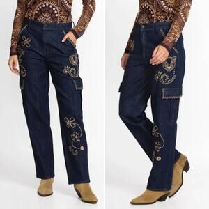 NWT Johnny Was Embroidered Jeans Size 25 Boho Floral Artisan Straight Leg Cotton